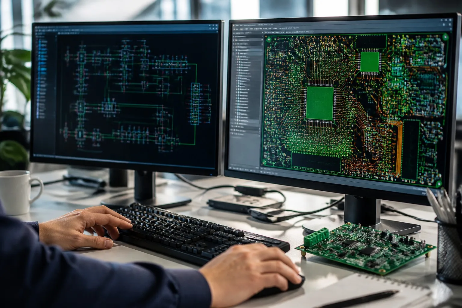 PCB design workstation with schematic and multi-layer layout on dual monitors