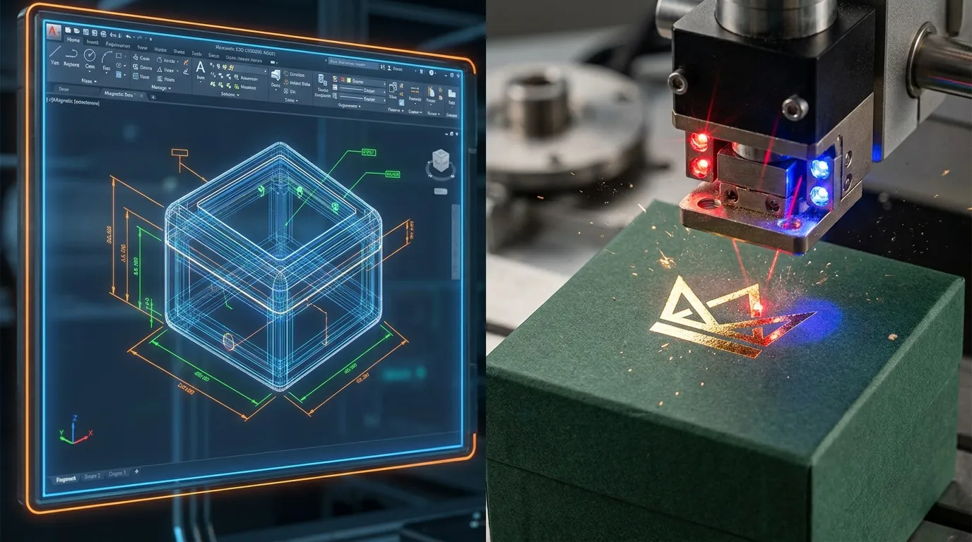 Digital view of CAD design and laser-guided foil stamping on a custom jewelry box.