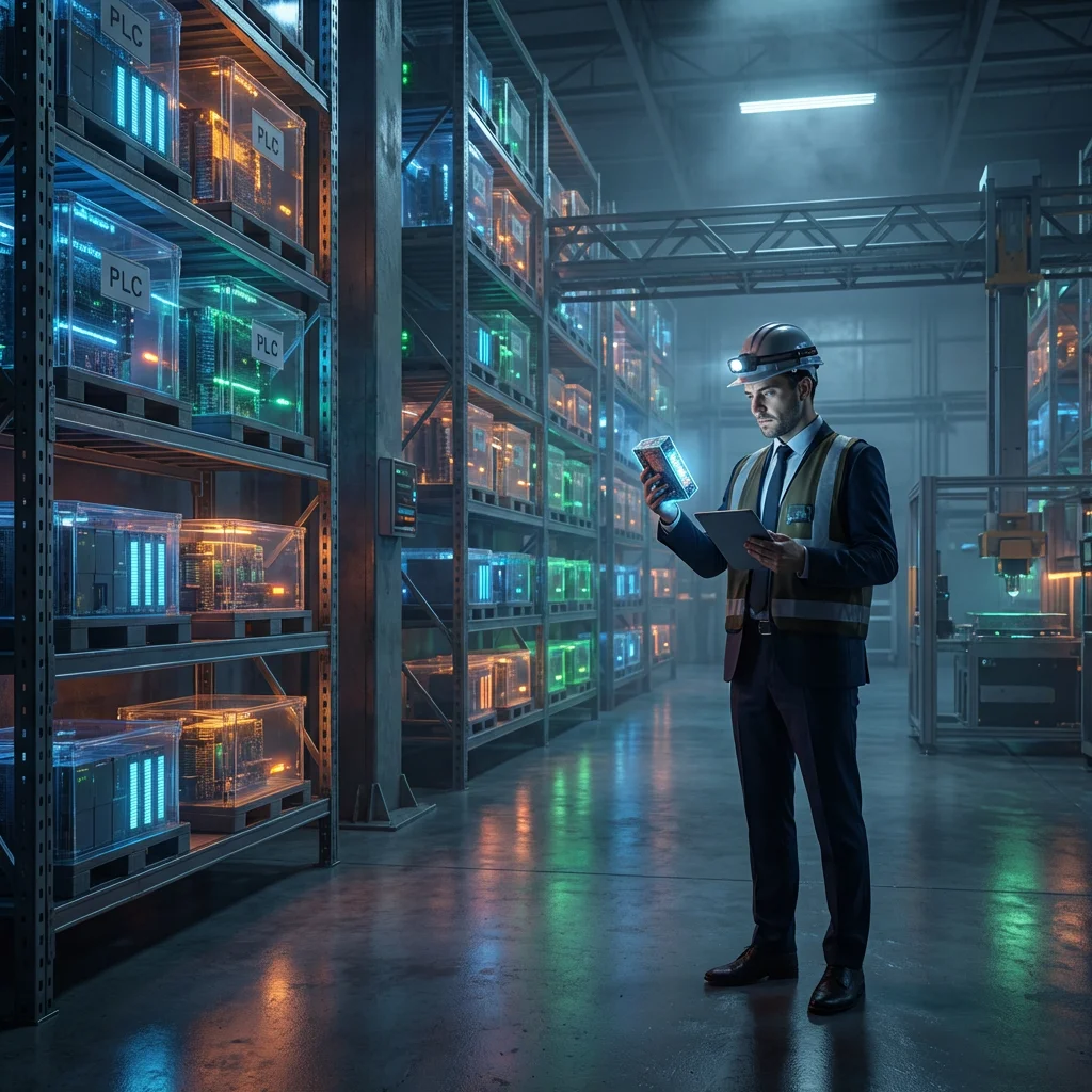 Entrepôt industriel futuriste avec modules PLC lumineux rendu 3D