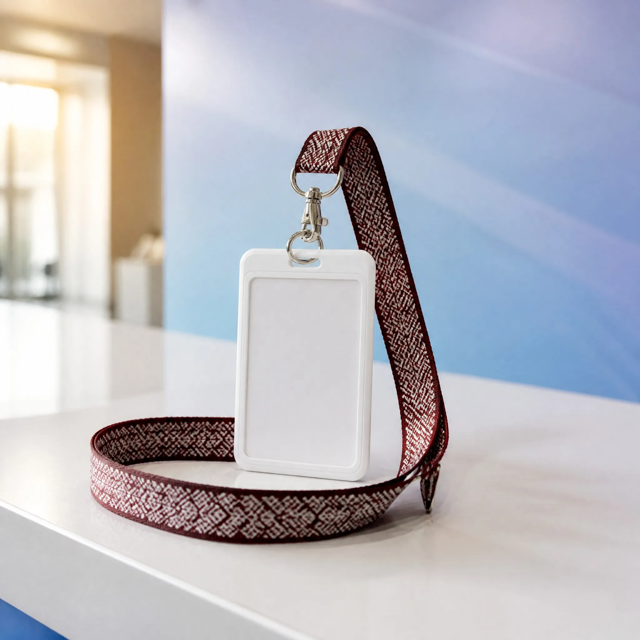 Woven lanyard hanging from corporate ID badge holder at an event