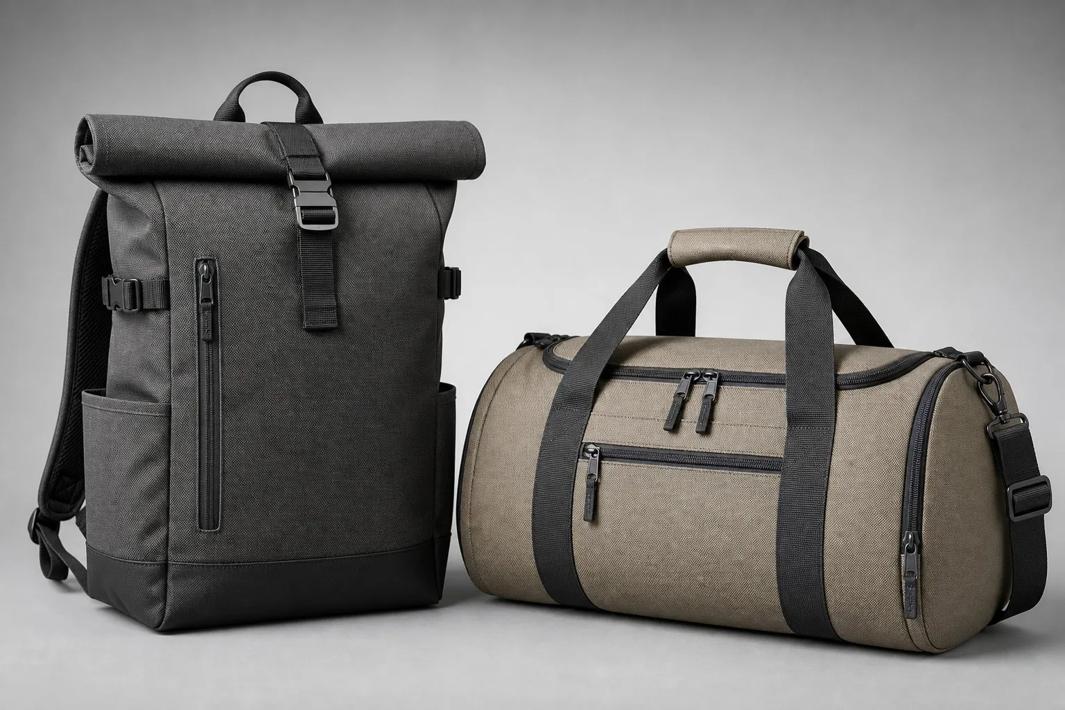 Charcoal and sand oxford backpacks and travel bags with matte coated fabric on a light studio background