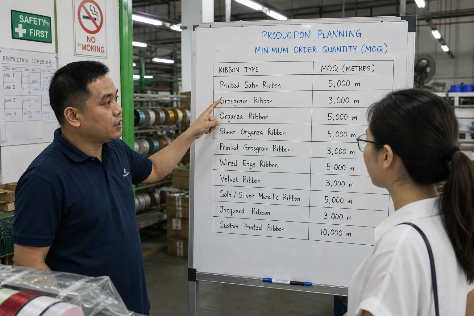 Documentary B2B factory photo production planning board ribbon factory showing minimum order quantities written whiteboard different ribbon types printed satin grosgrain organza listed with MOQ metres production manager pointing board discussing with buyer factory environment realistic production planning meeting overhead lighting