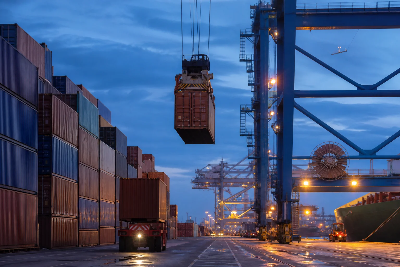 Container port at dusk with stacked shipping containers and gantry cranes