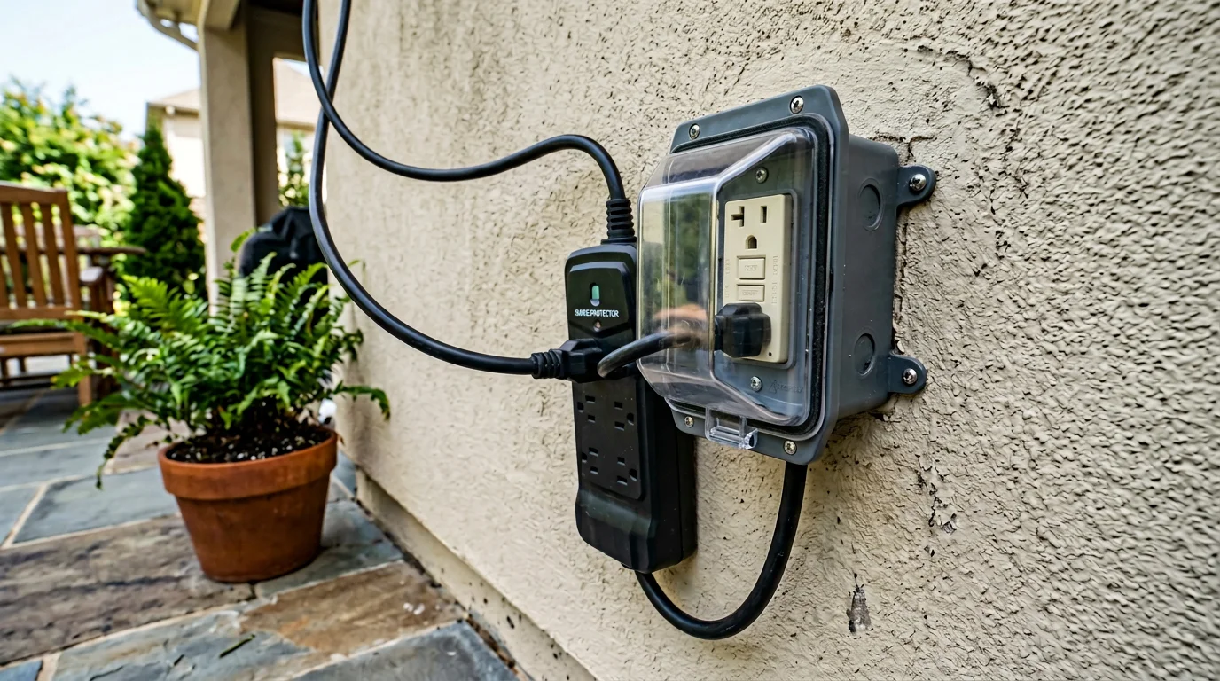 Outdoor-rated surge protector at exterior GFCI outlet for outdoor TV protection
