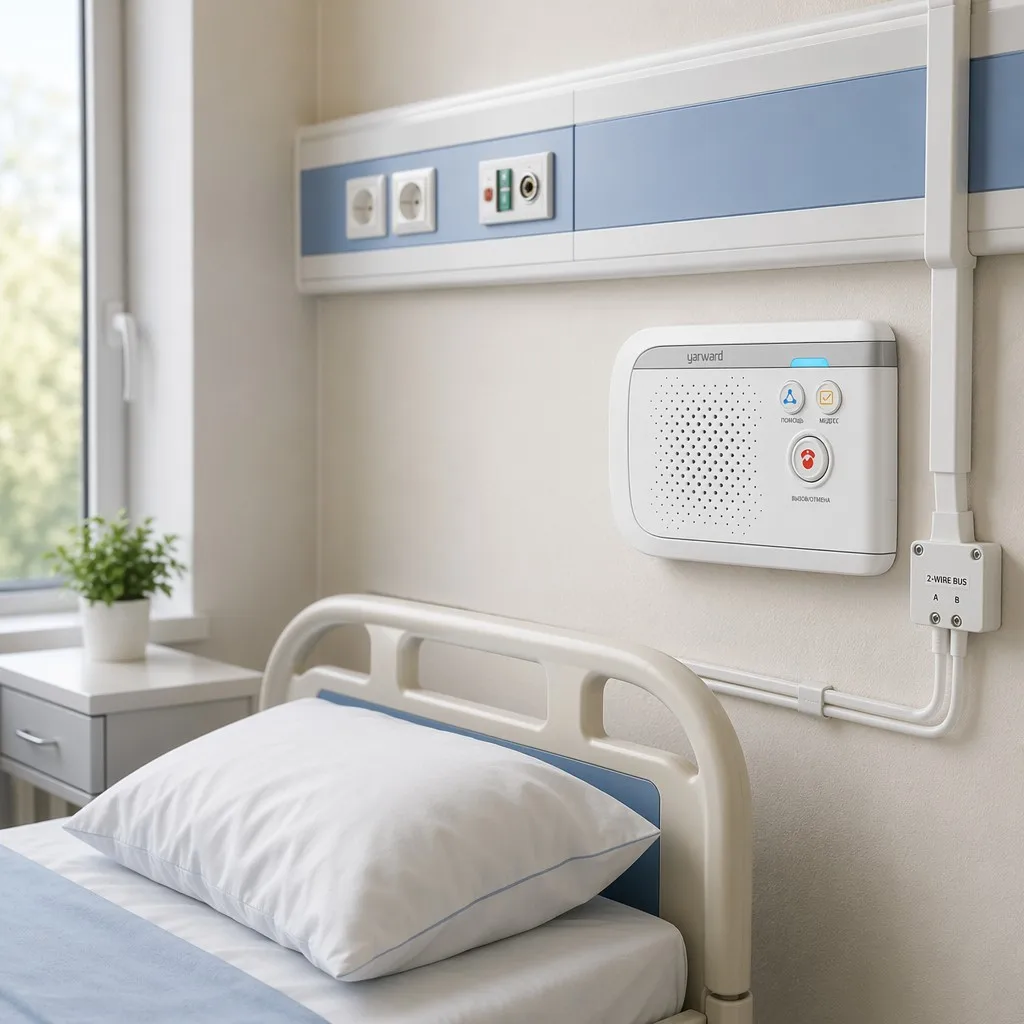 Yarward YHE-510WS wired nurse call bedside unit mounted in hospital room with structured cabling