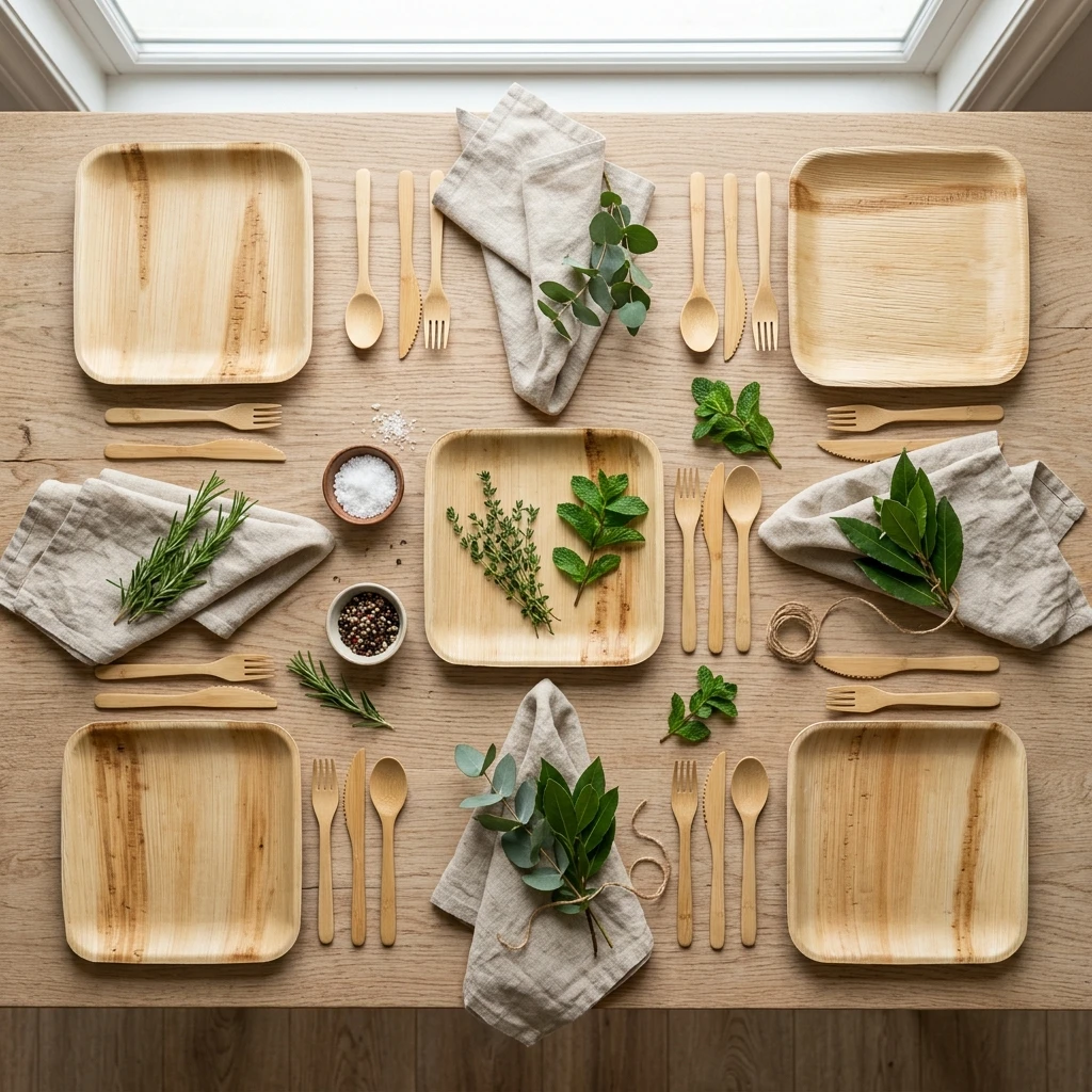 Square disposable bamboo dinner plates with bamboo cutlery linen napkins and fresh herbs flat-lay table setting