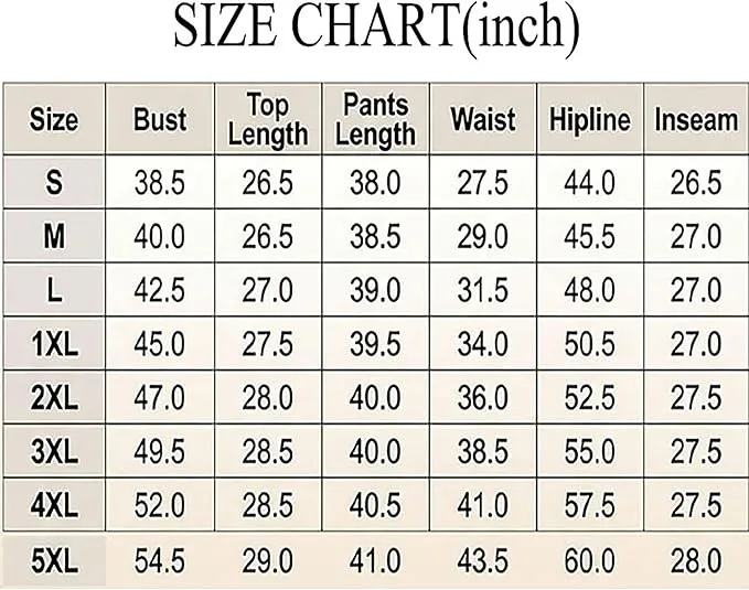 2 Piece Set Size Chart