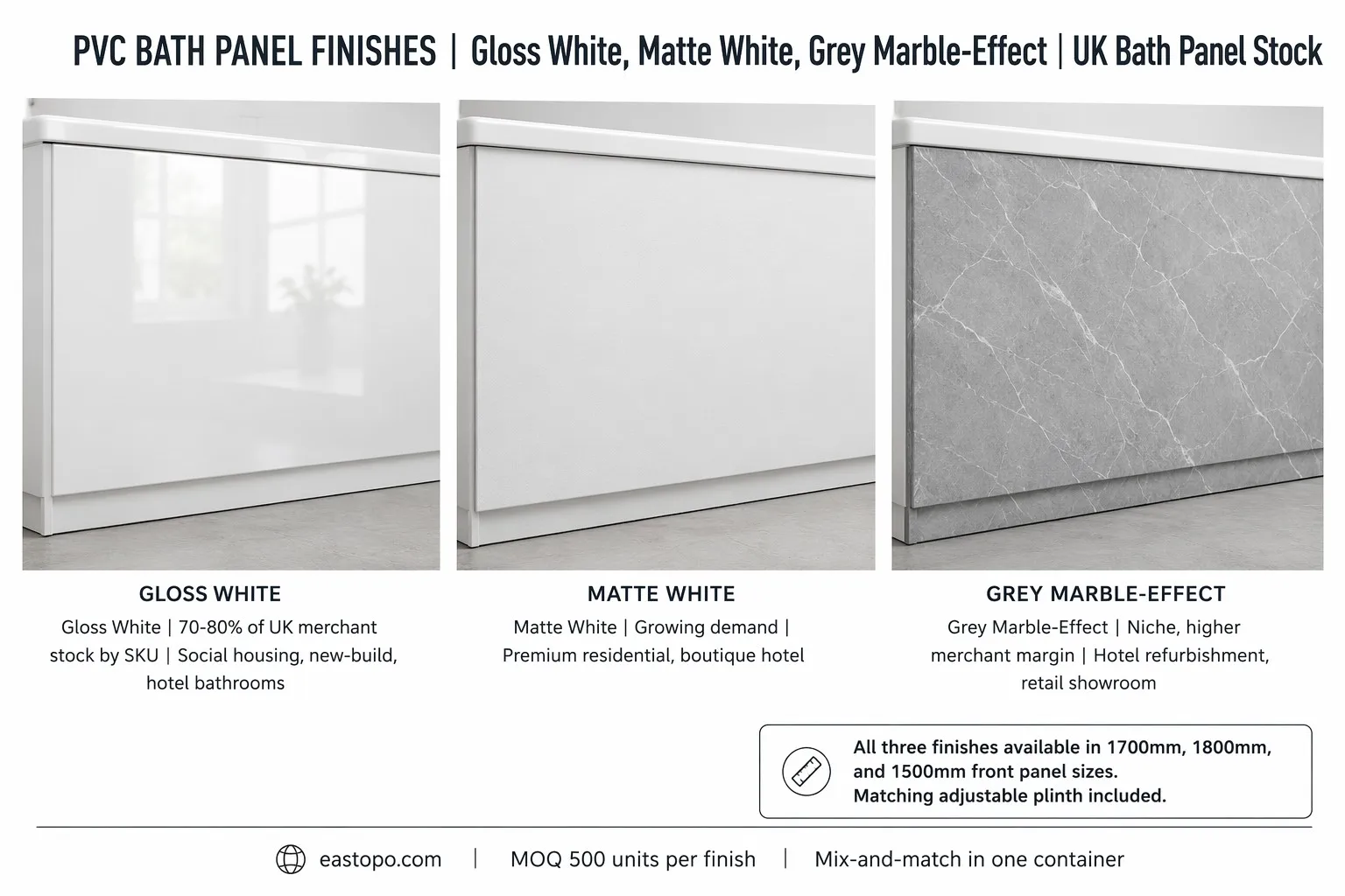 PVC bath panel finishes - gloss white, matte white, grey marble-effect