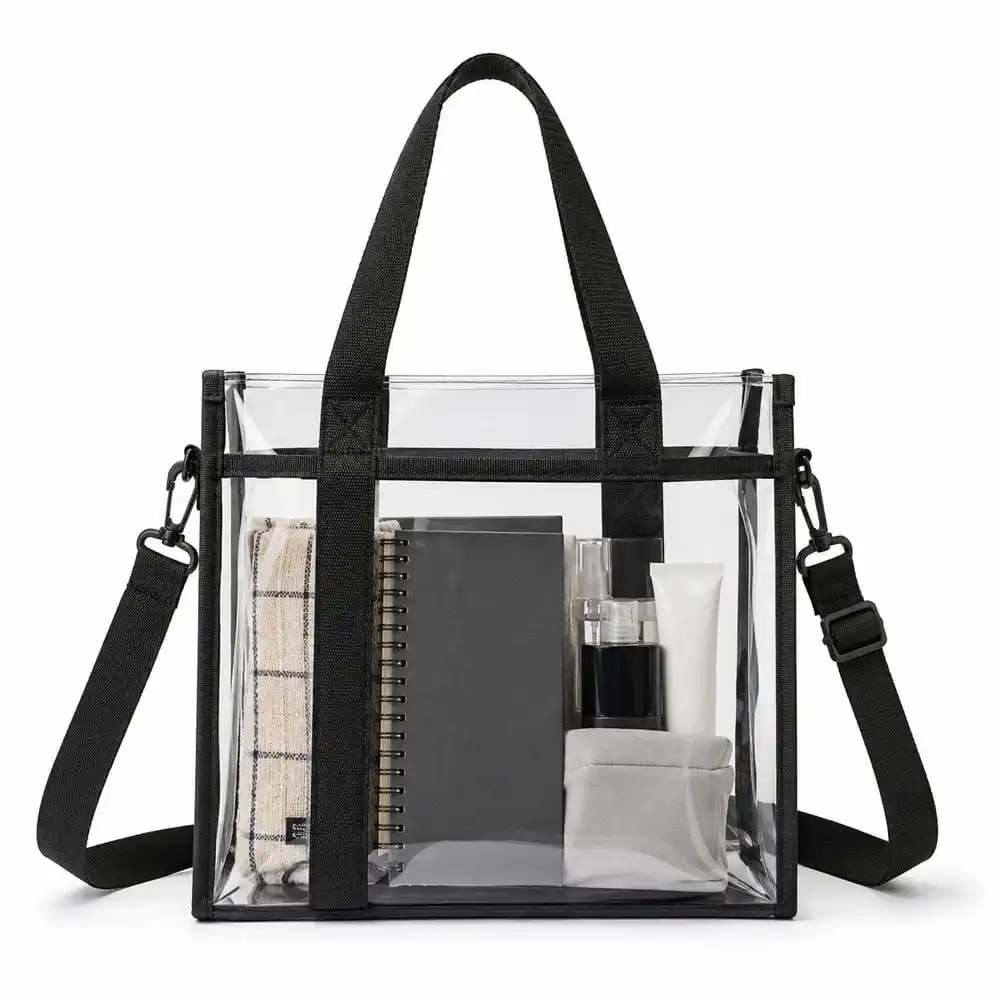 Clear PVC tote with black straps and crossbody strap