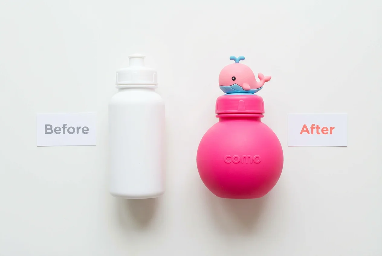 Before and after comparison - plain water bottle vs COMO Ball kids bottle with whale COMO Pod
