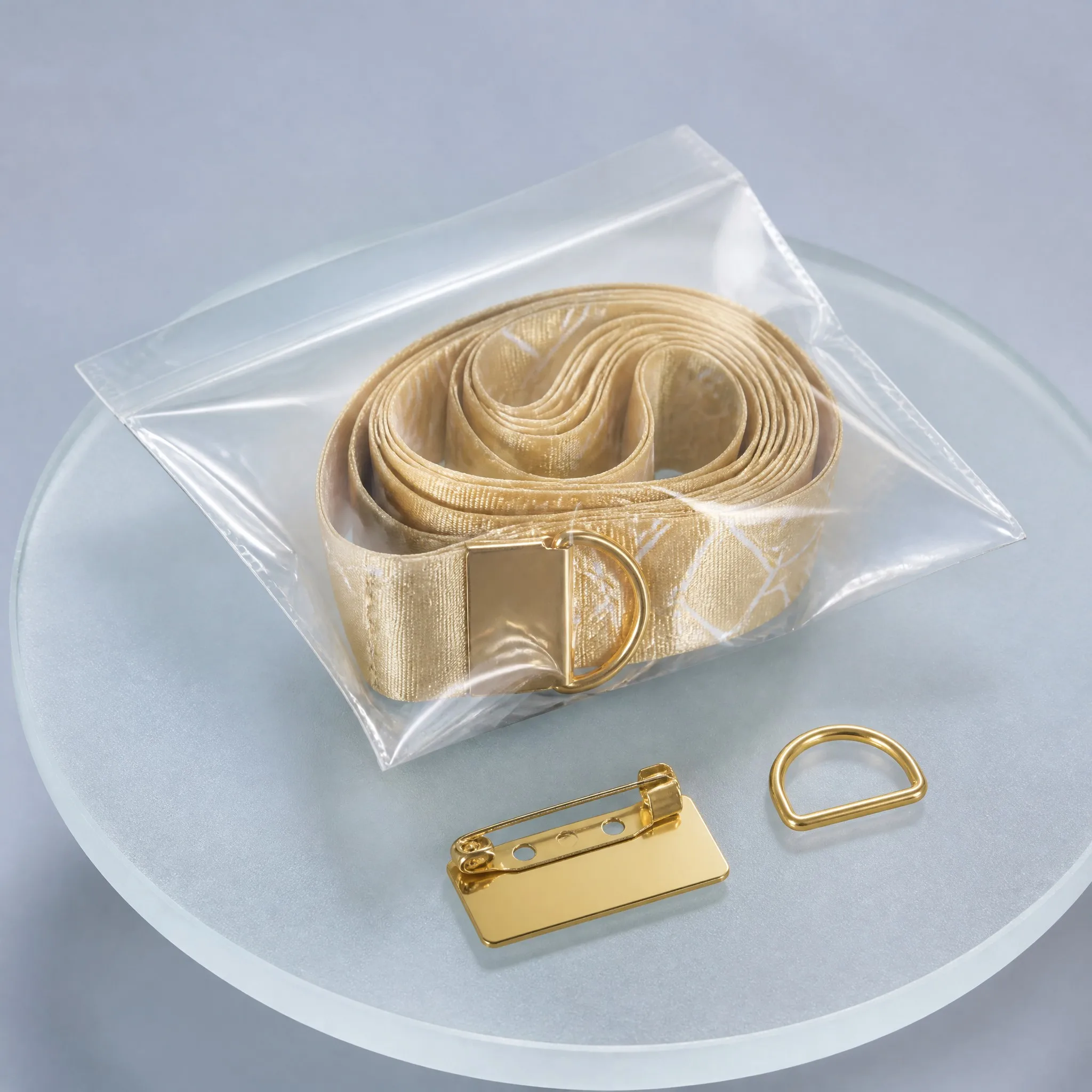 Satin lanyard packed in transparent OPP bag with spare safety pin holder and D-ring