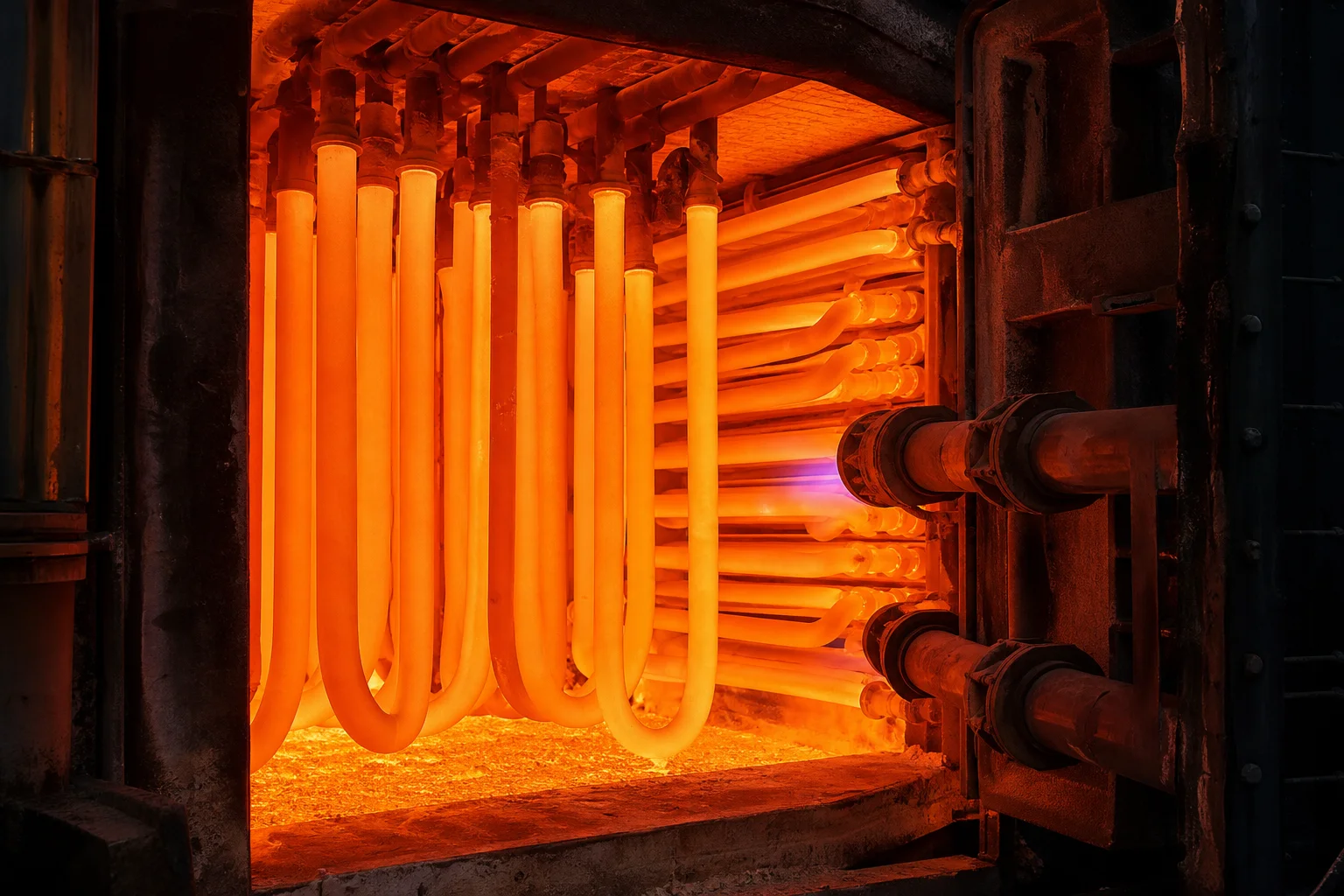 Glowing red-hot radiant tube assembly operating inside petrochemical cracking furnace