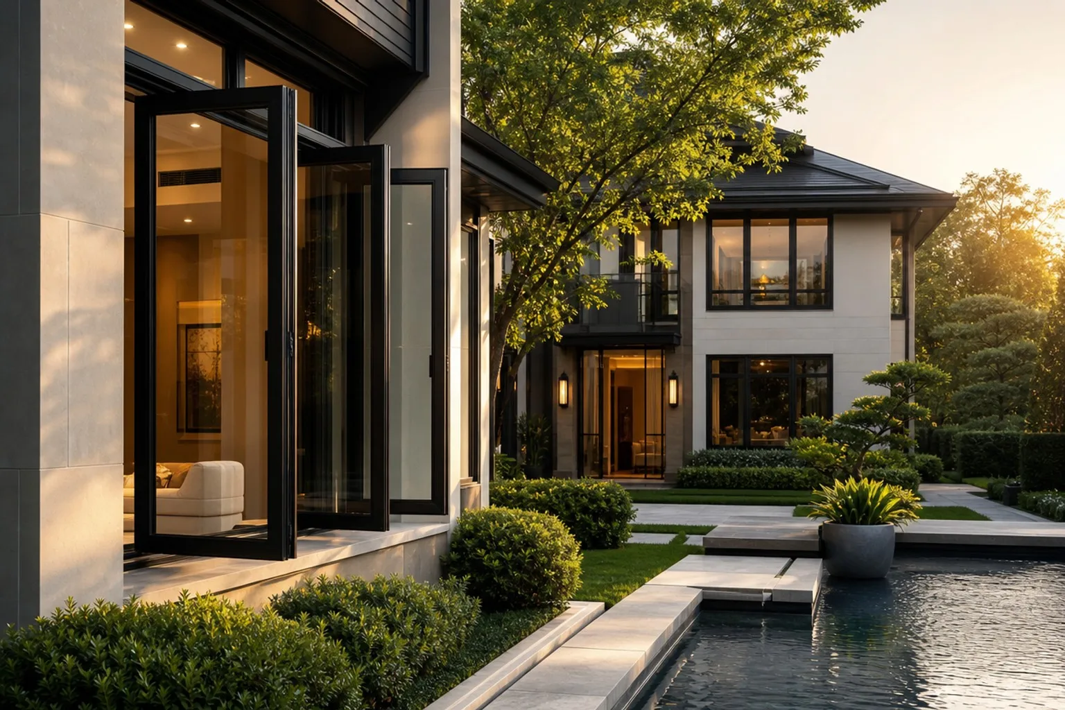 Luxury modern villa with premium black aluminum glass casement windows open garden morning light