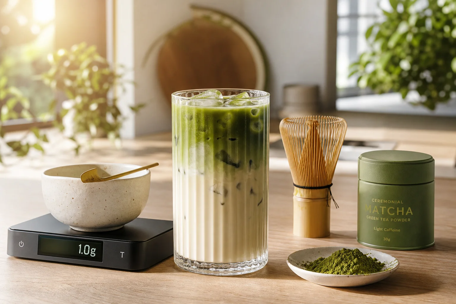 Light low-caffeine iced matcha latte with subtle pastel jade layers and barista oat milk next to a precision 1.0g scale