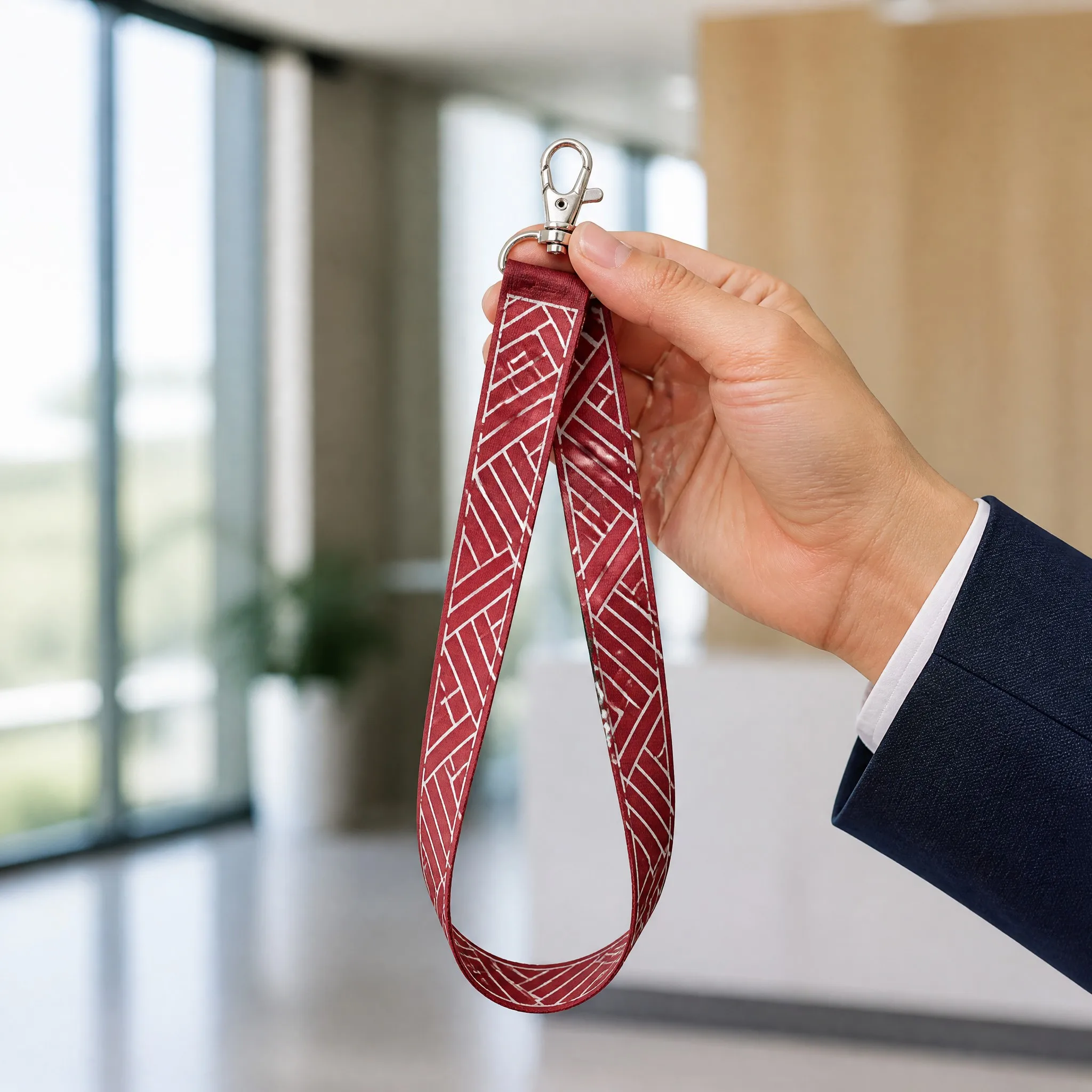 Hand holding custom printed lanyard by the metal lobster claw clip in a modern office lobby