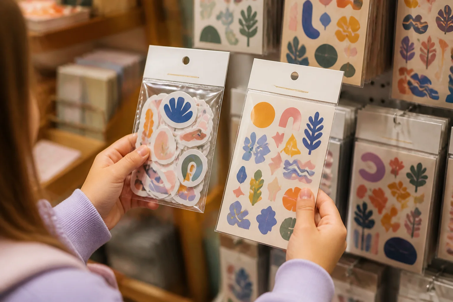 Customer comparing die cut and kiss cut sticker packs at retail display