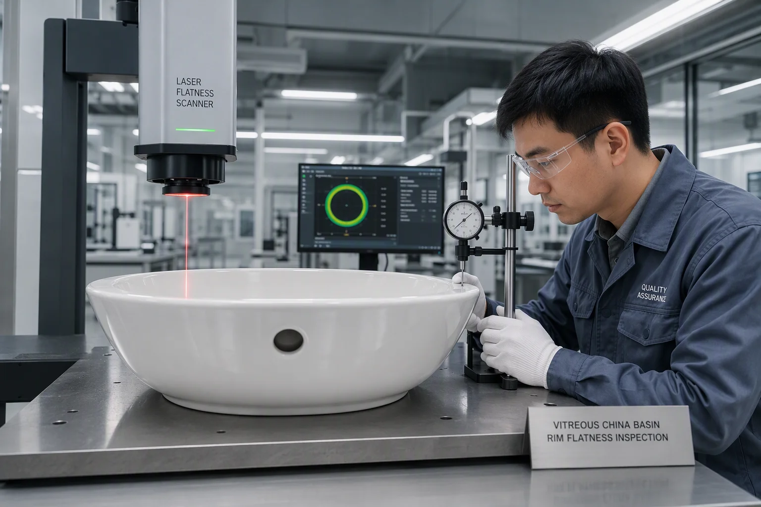 Quality inspection of vitreous china ceramic sanitary ware basins with optical gauge and laser flatness measurement