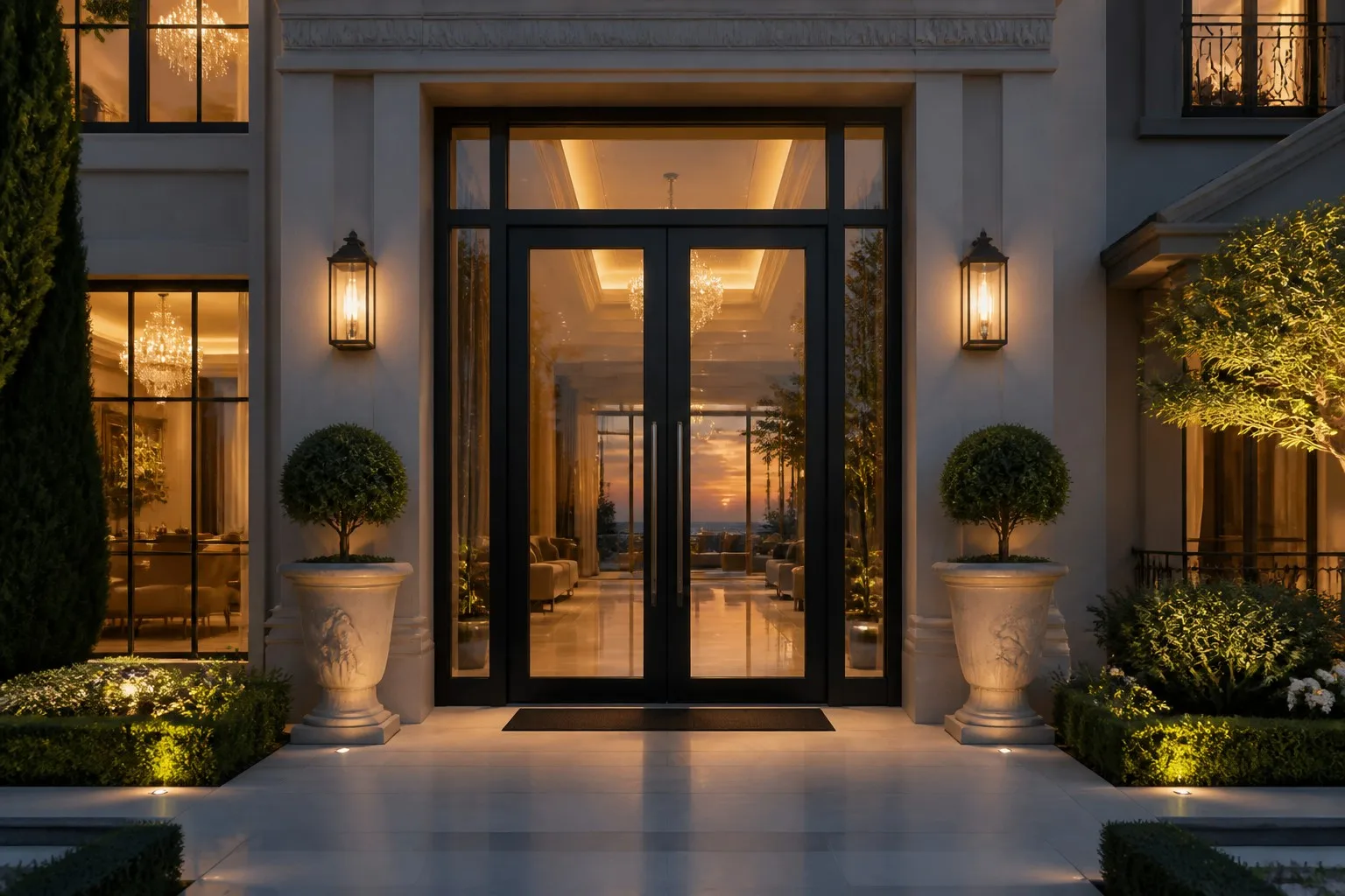 Grand luxury villa entrance with large black aluminum double doors warm interior dusk