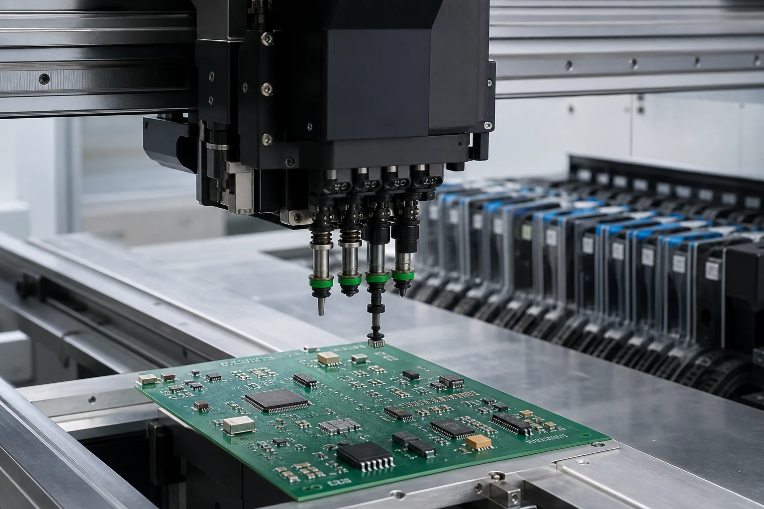 Pick-and-place machine head placing a component onto a PCB