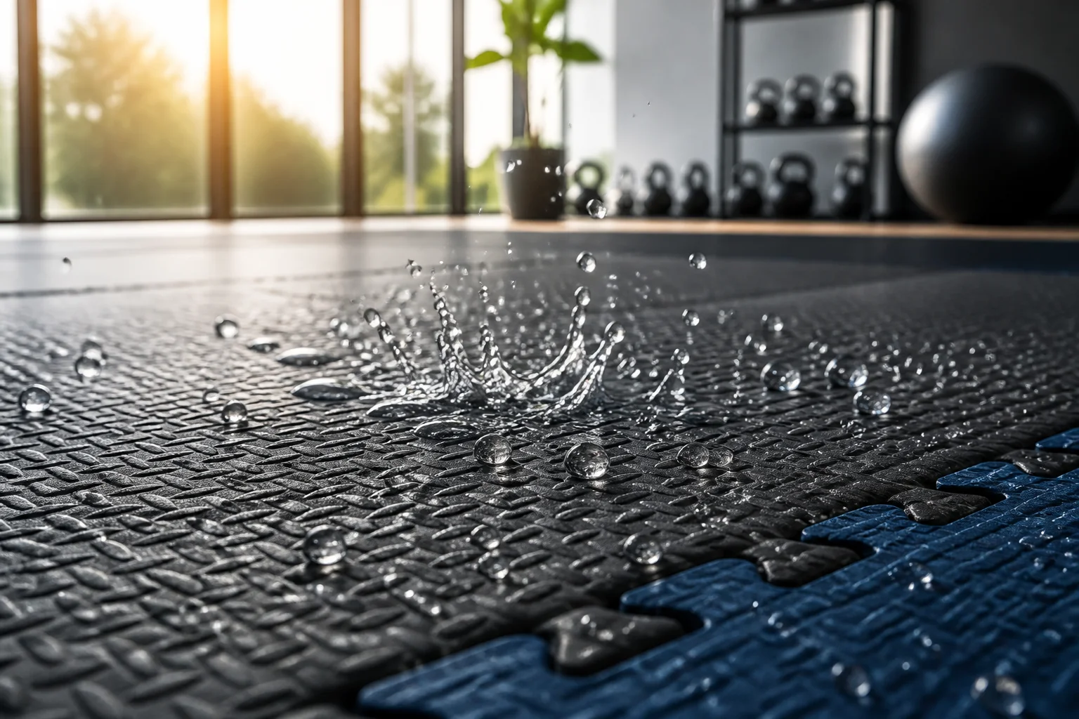 Macro view of water droplets beading cleanly on waterproof closed-cell EVA foam mat surface