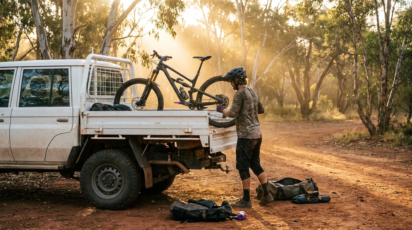 Mountain biker loading full suspension MTB into LandCruiser ute at Australian trailhead