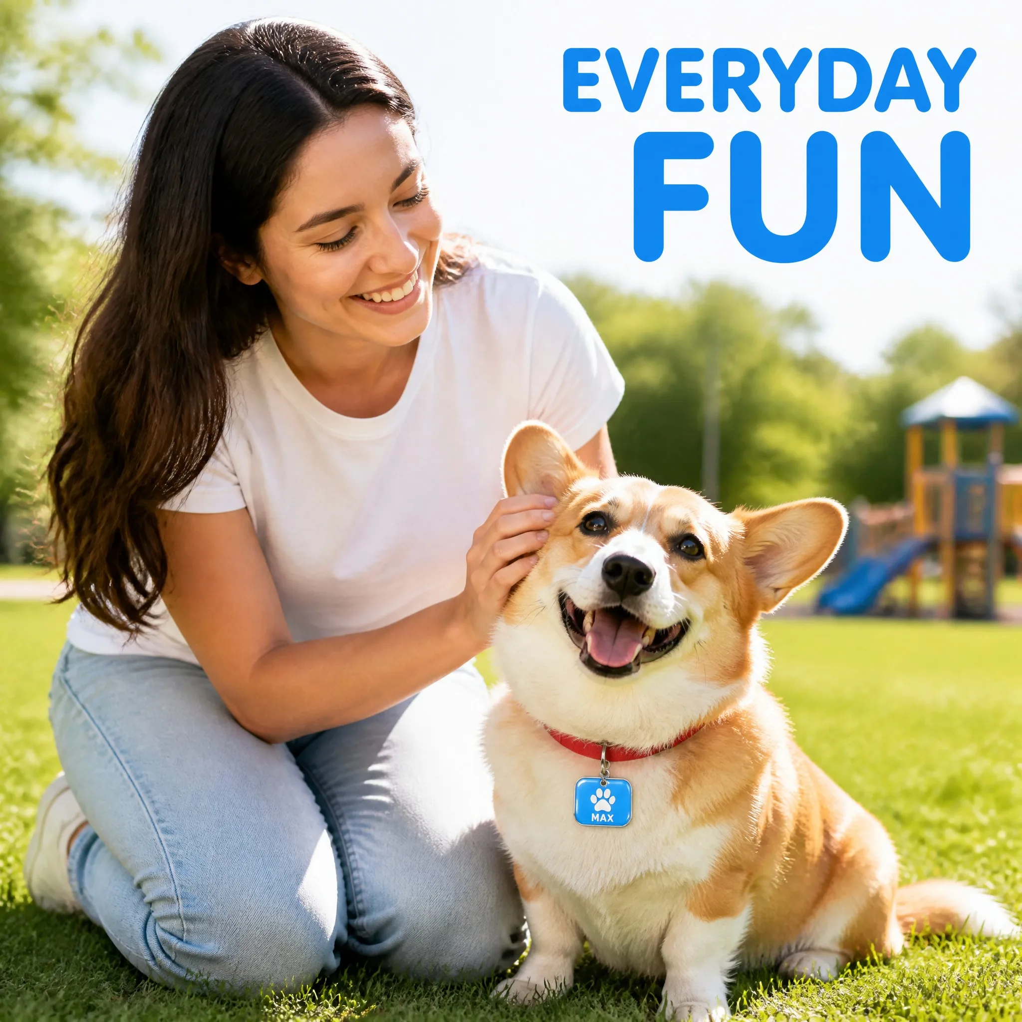 Young woman playing with a corgi wearing the epoxy tag - Lifestyle