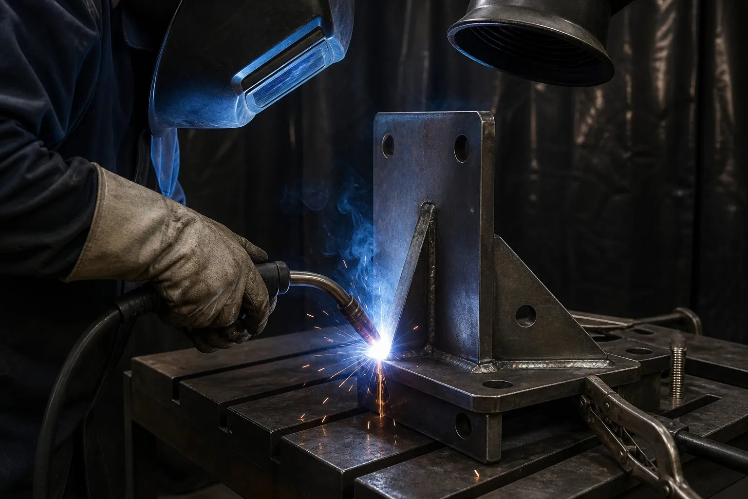 MIG welding of heavy-duty bracket gussets in a fixture at the XCWY plant