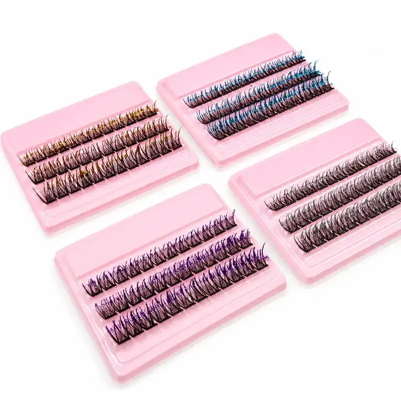 Four pink segment trays with gold, blue, purple and silver glitter lash segments in three rows each - colour lash segment bulk trays wholesale
