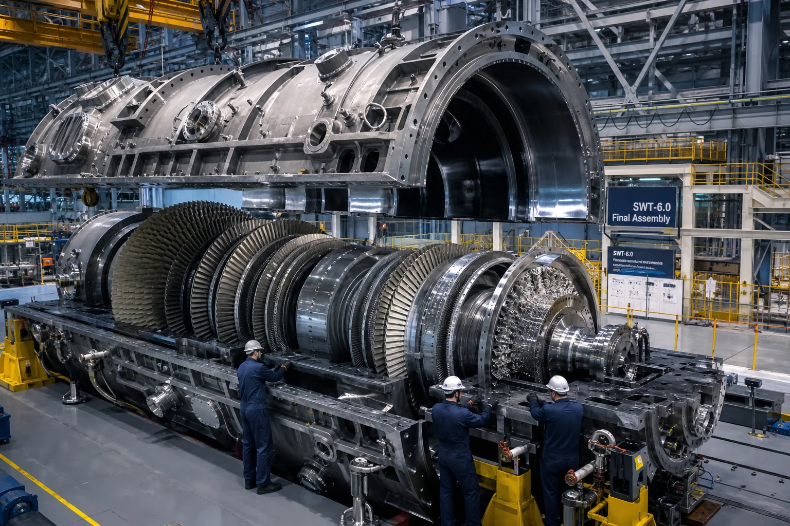 Assembly floor of power plant workshop showing industrial gas turbine with stator diaphragm rings