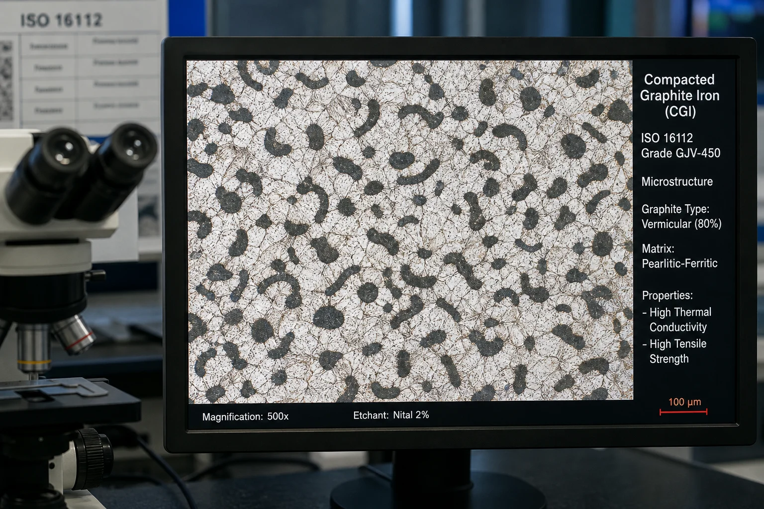 Metallographic microstructure of Compacted Graphite Iron CGI with vermicular graphite