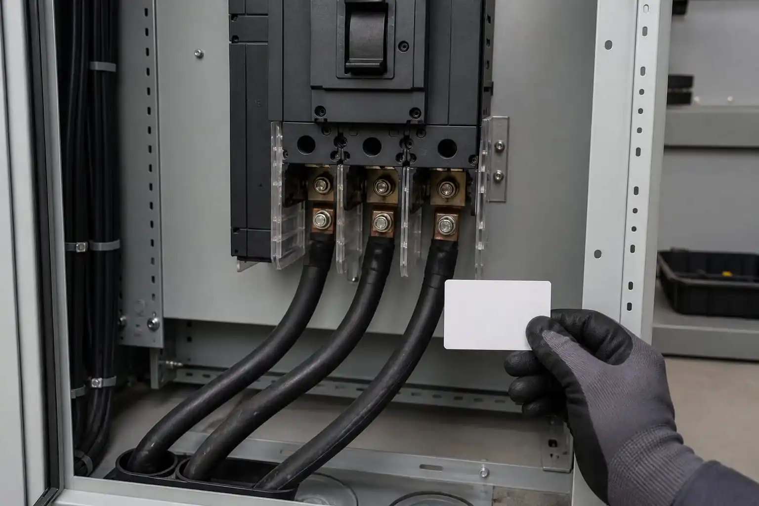 De-energized MCCB panel mock-up showing cable routing and tool access review