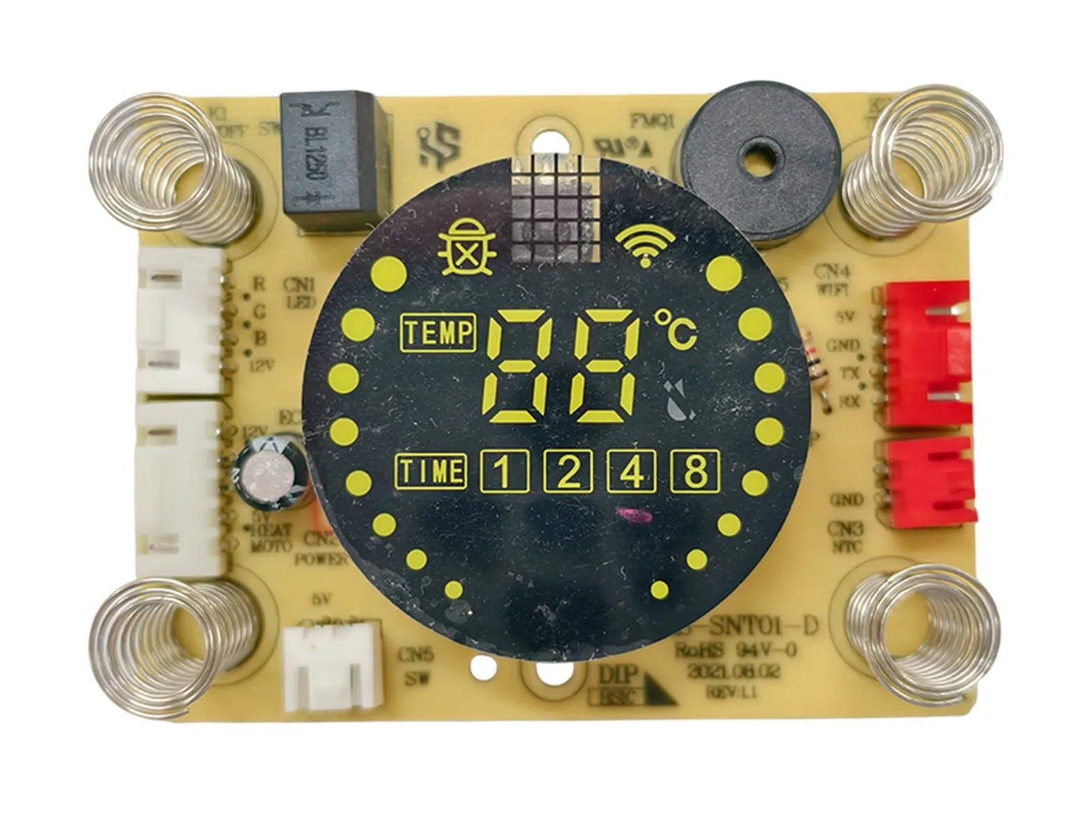 Water-heated blanket controller board with round LCD showing temperature and timer, WiFi and pump connectors