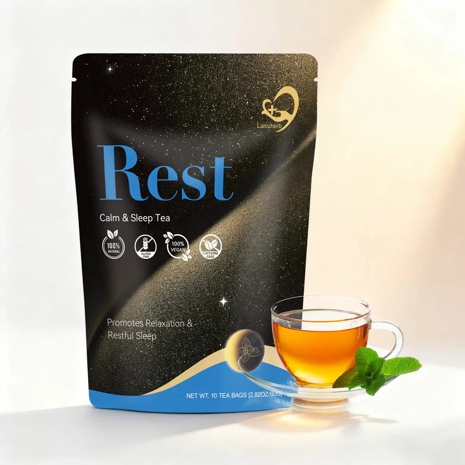 Rest Calm and Sleep Tea product pack with warm tea