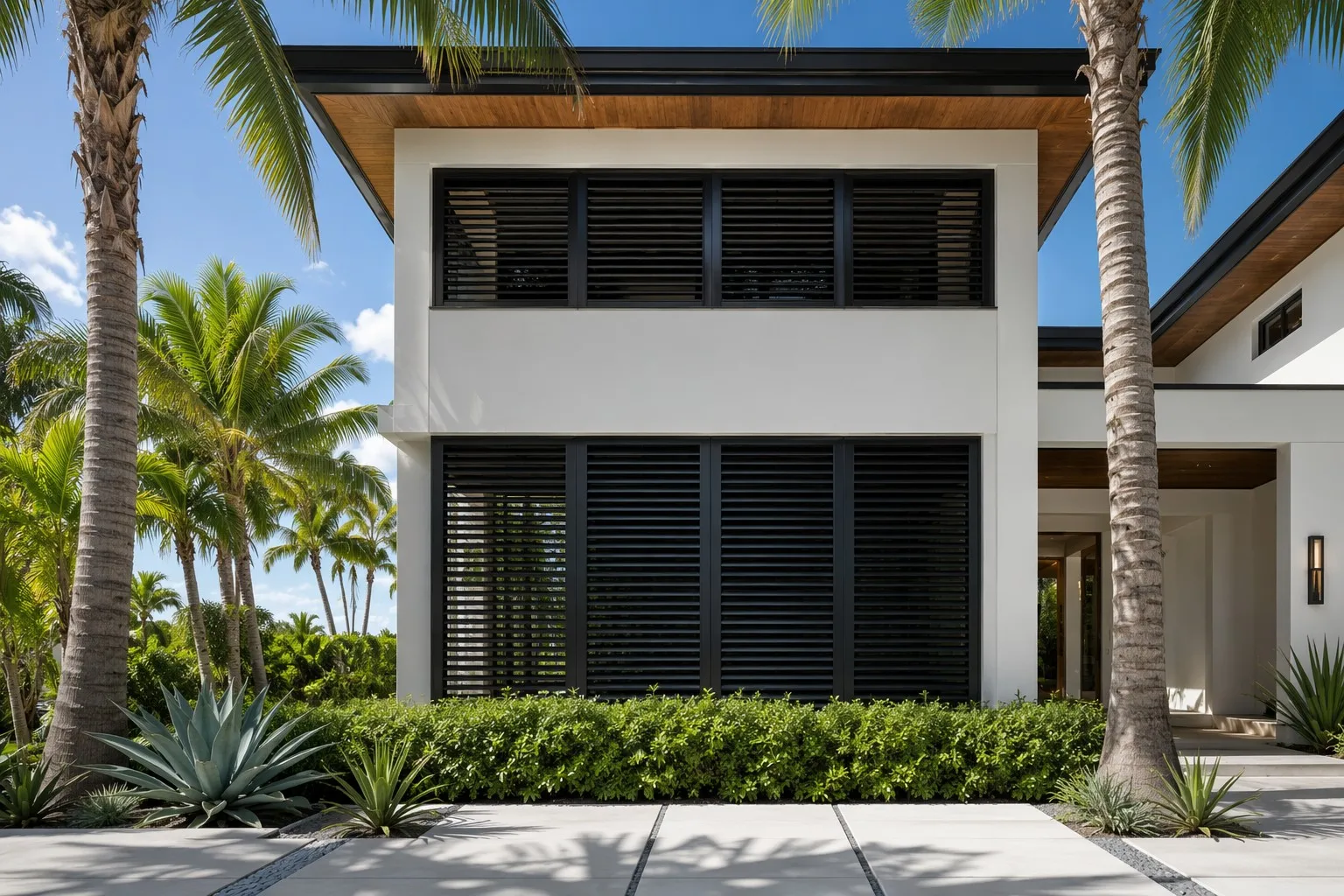 Luxury tropical villa facade with black aluminum shutter windows sun control and privacy