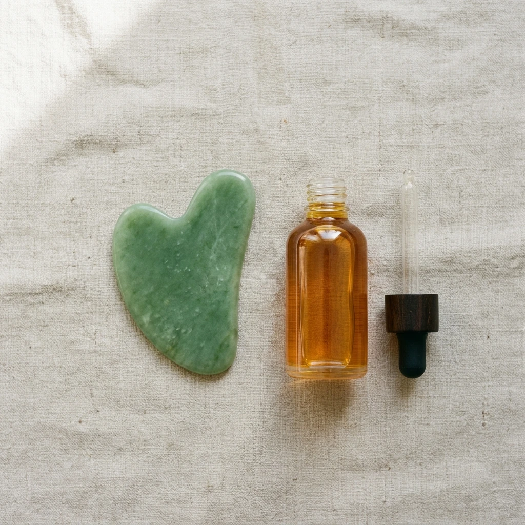Gua Sha Tool and Oil Flat Lay