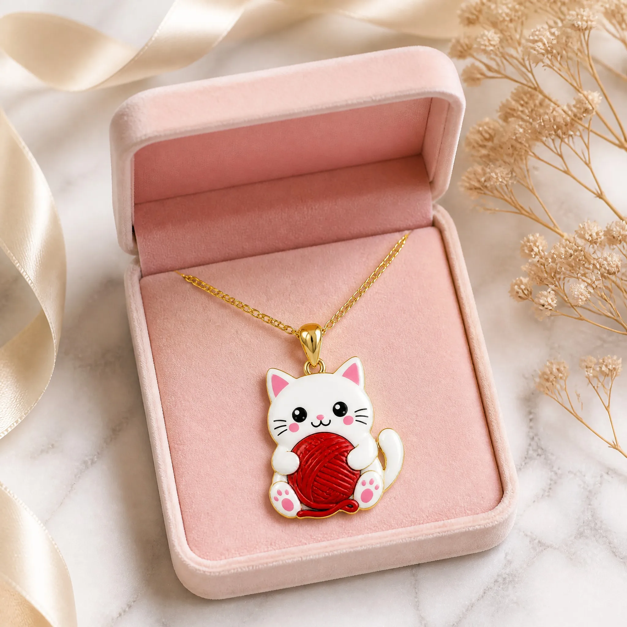 Cat pendant necklace in blush pink velvet gift box with ribbon on marble