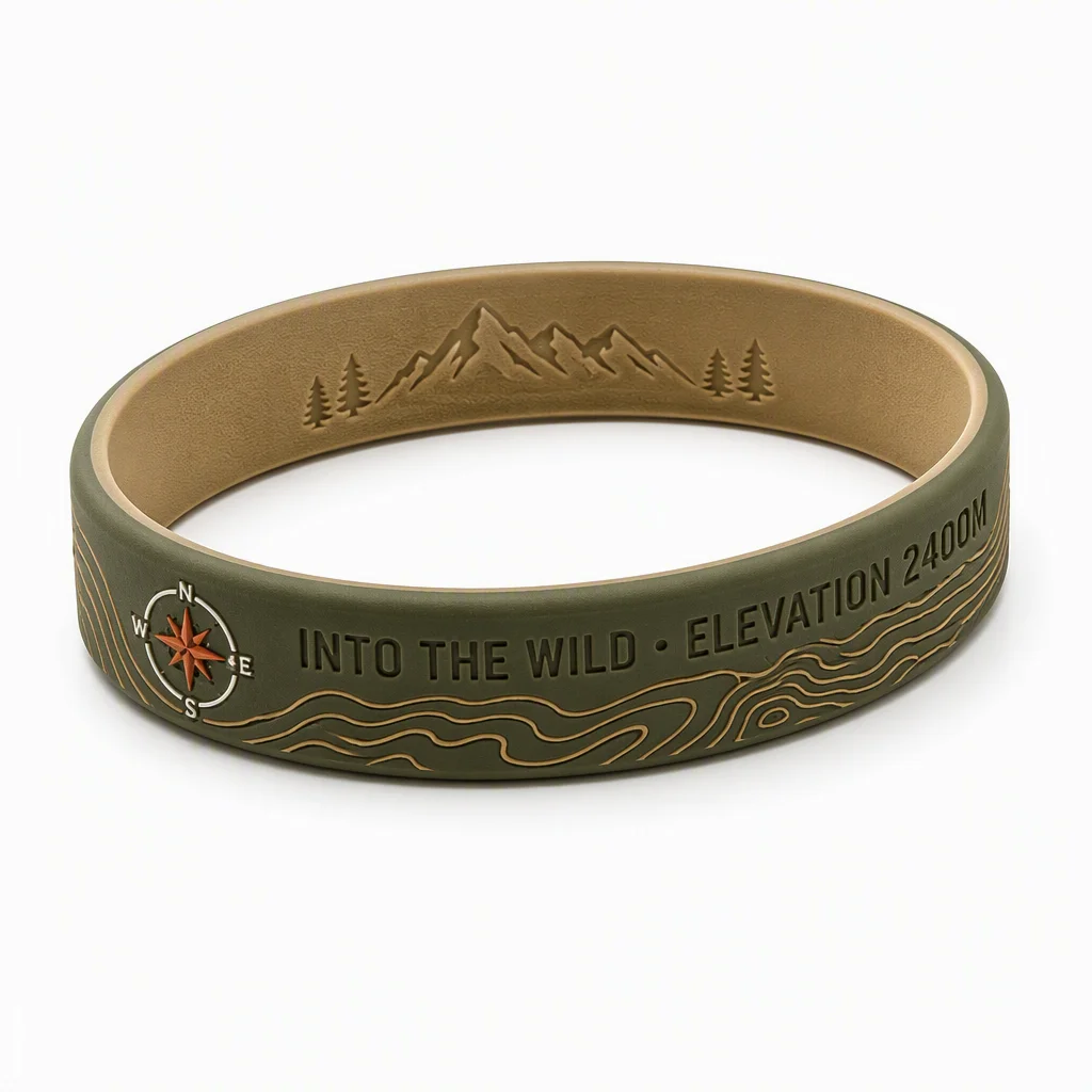 Custom outdoor mountain hiking silicone wristband hero view on white background