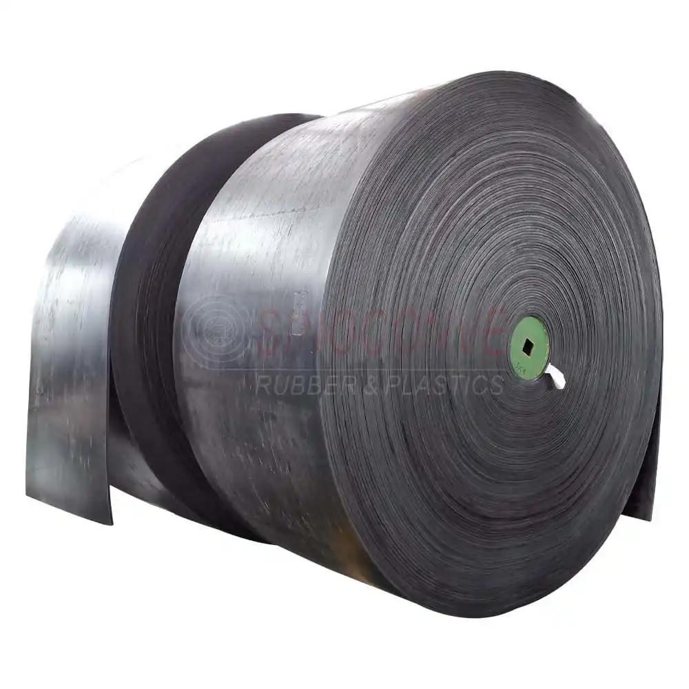 Black EP rubber conveyor belt roll prepared for industrial shipment