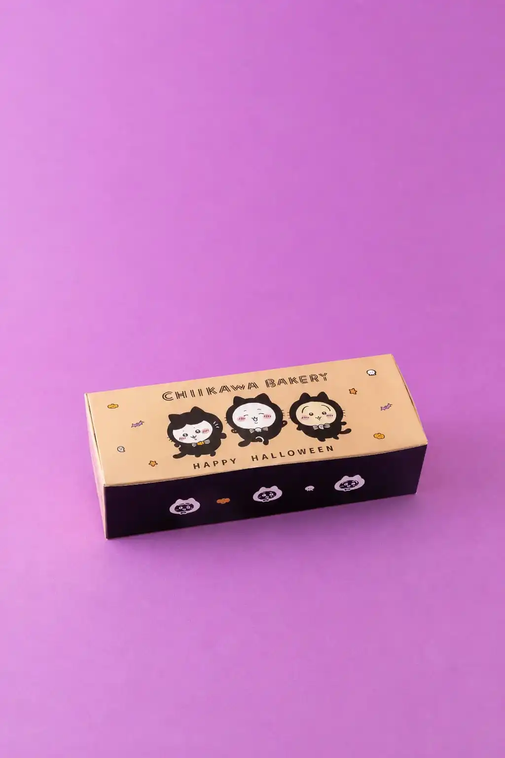 The limited Chiikawa Bakery Happy Halloween box printed with three black-cat characters