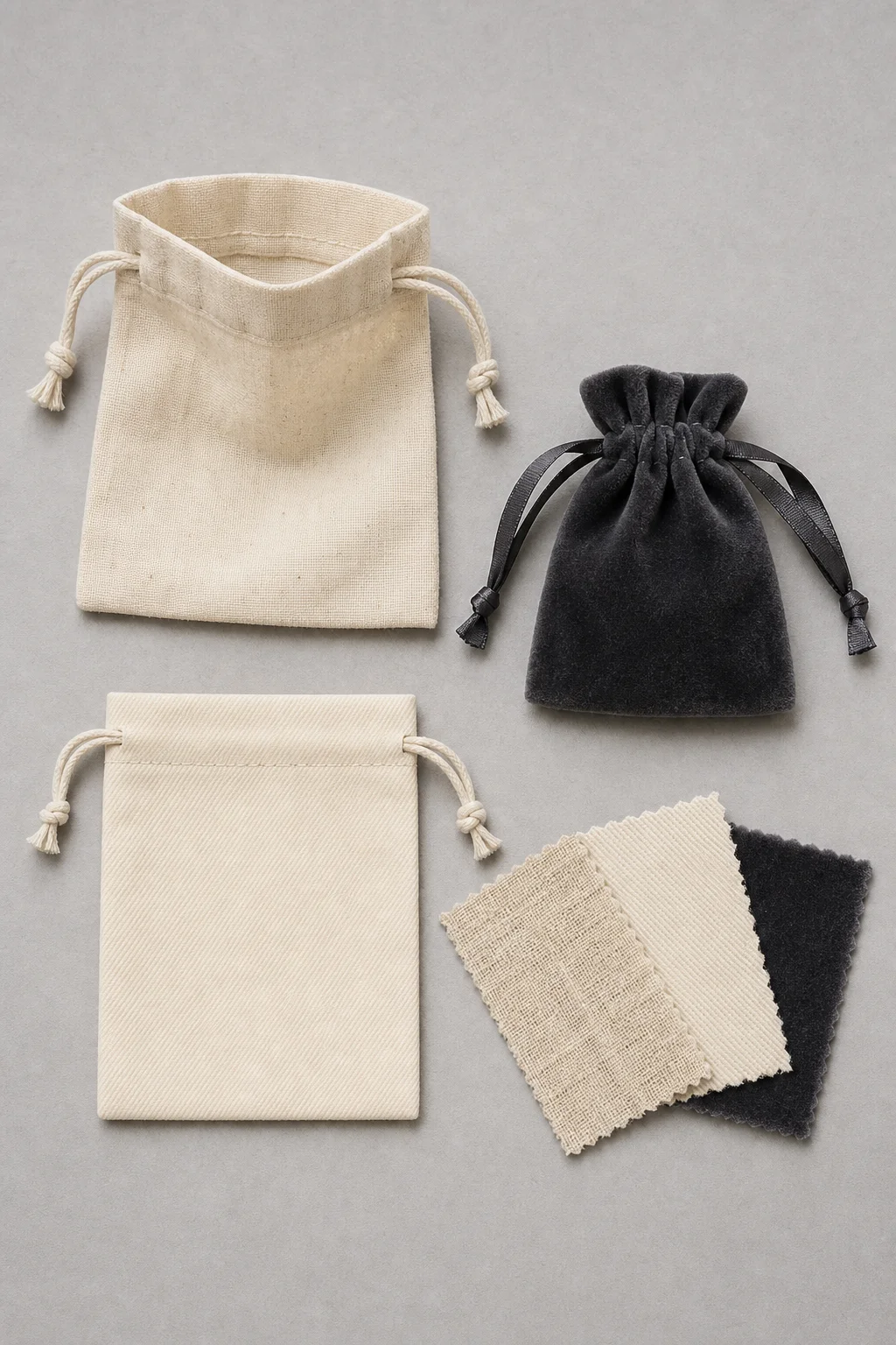 Overhead flat lay of unprinted drawstring jewelry pouches on a warm light-grey studio surface: an open natural cotton muslin pouch with its stitched hem channel and knotted cotton cord, a closed cream cotton twill pouch with a straight stitched channel line, a small deep-charcoal velvet pouch with a satin ribbon drawstring tied in a knot, and three pinking-sheared swatches showing muslin, twill and velvet weave
