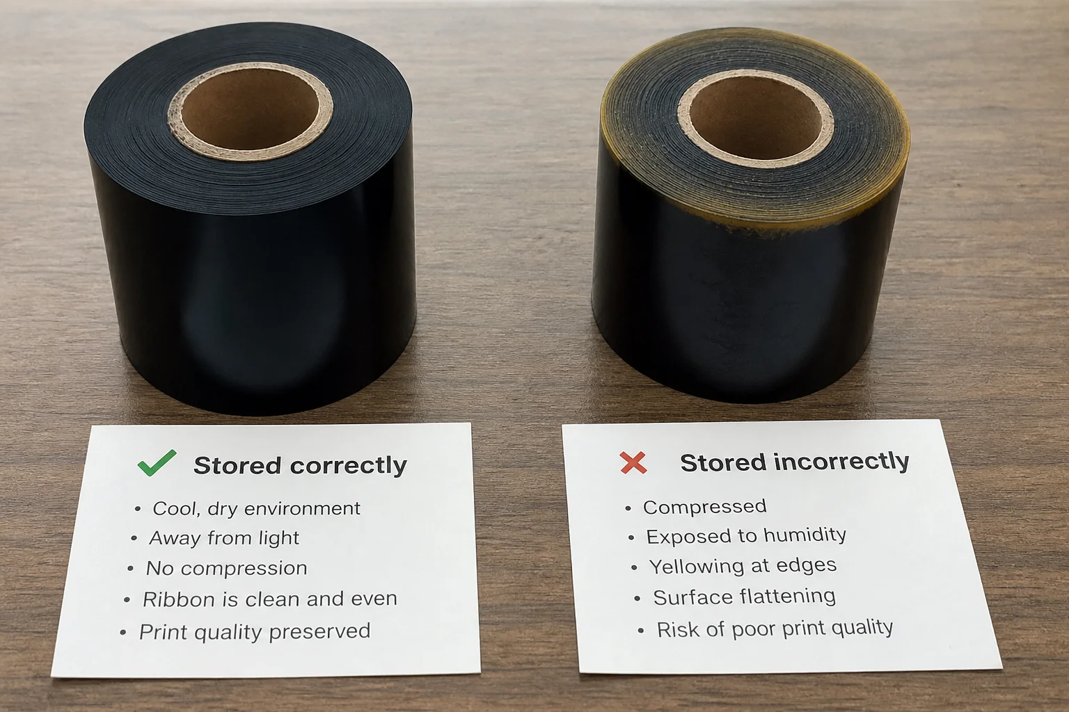 Documentary B2B product comparison photo ribbon storage comparison two ribbon samples table left ribbon roll stored correctly cool dry away from light ribbon clean colour rich even surface smooth right ribbon roll stored incorrectly compressed humid environment ribbon shows visible yellowing edges surface flattening slight colour cast natural light factual quality documentation