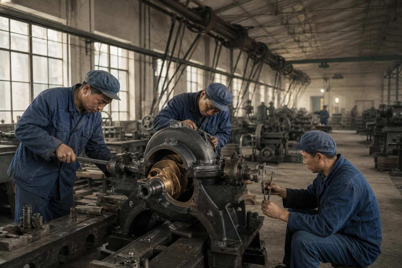 news-1-1 Machinists assembling a large double-suction centrifugal pump in a mid-20th-century Chinese pump workshop