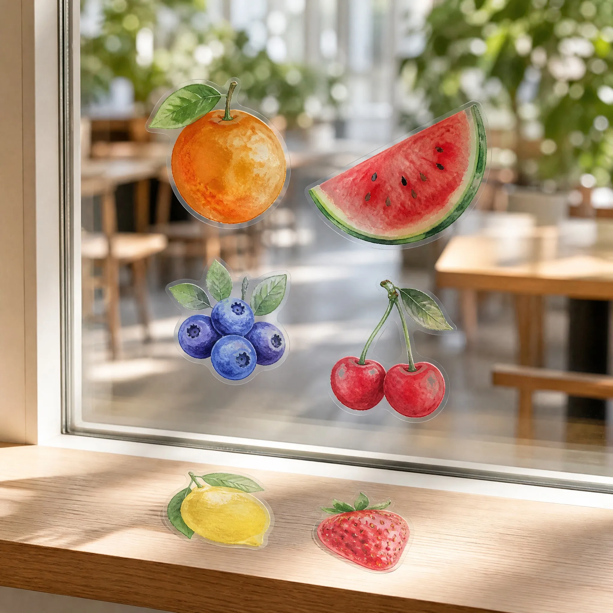 Clear watercolor stickers applied on a cafe window with sunlight