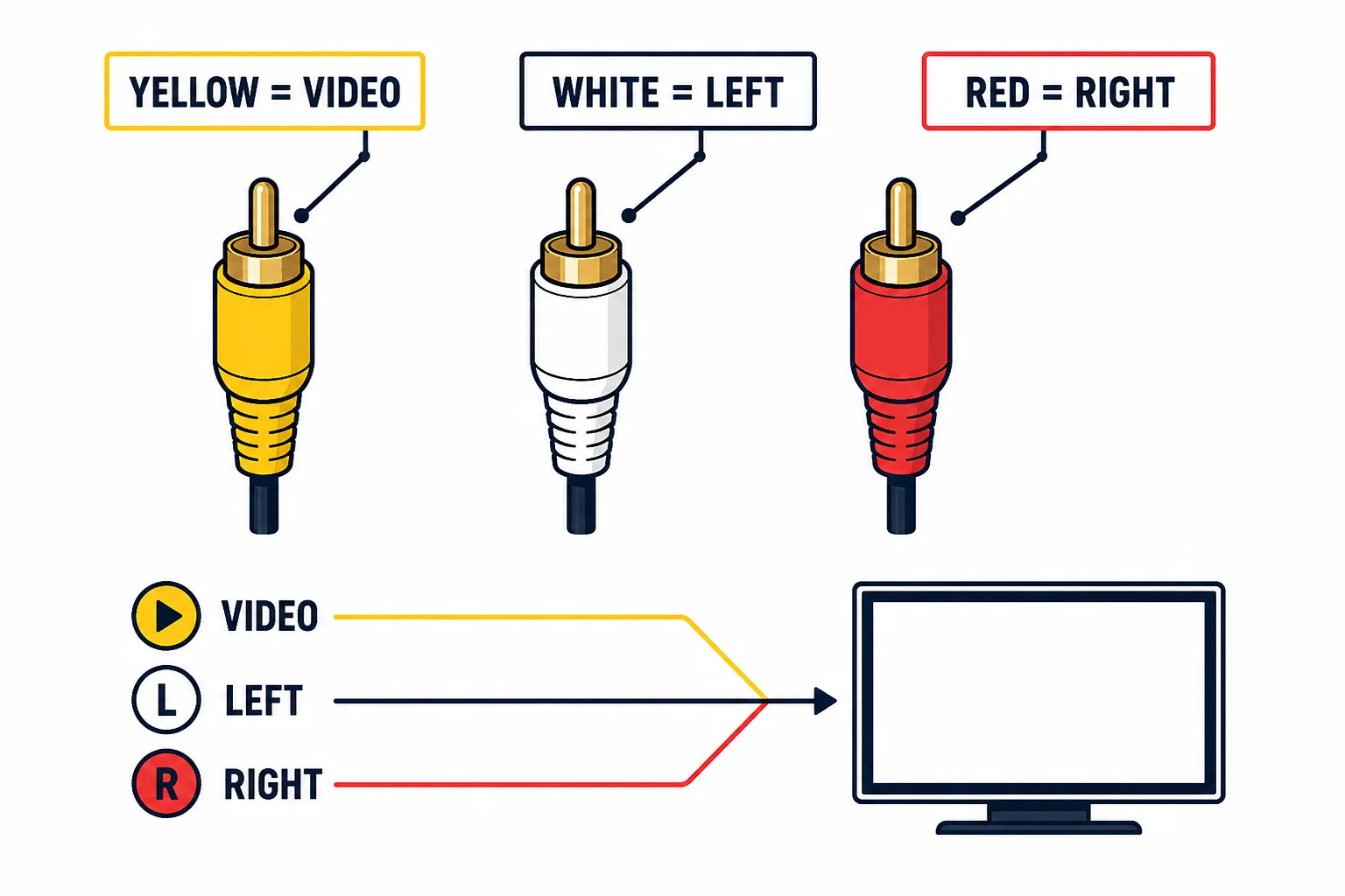 Three RCA plugs colored yellow, white and red labeled video, left and right audio