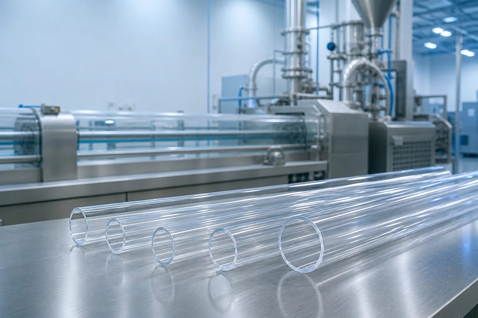 Precision transparent plastic tubes undergoing quality inspection in a modern extrusion facility