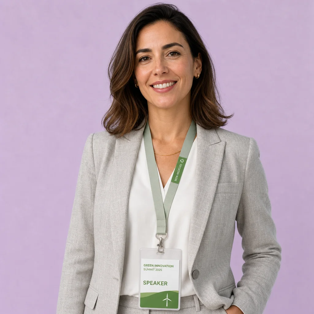 Female Executive Wearing Custom Eco RPET Lanyard with Badge at Sustainability Summit