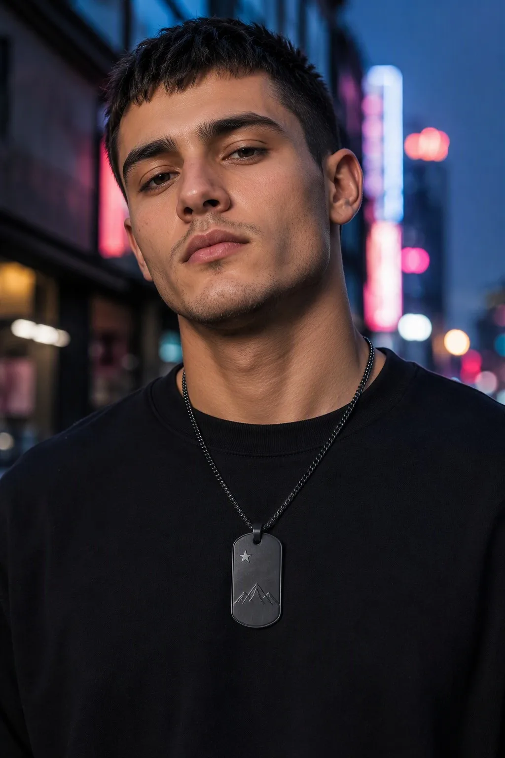 Matte black streetwear dog tag necklace at night