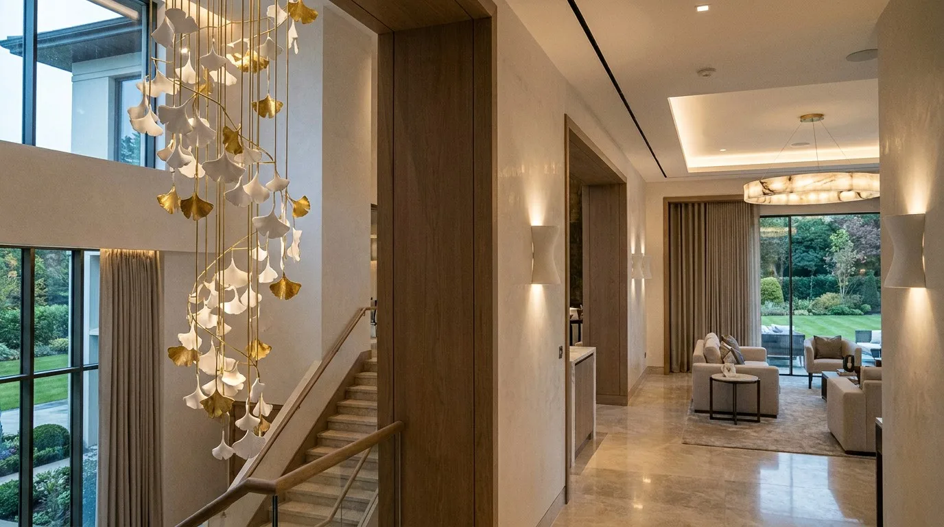 Panoramic Loonglight minimalist home featuring Ginkgo Chandelier T and integrated lighting