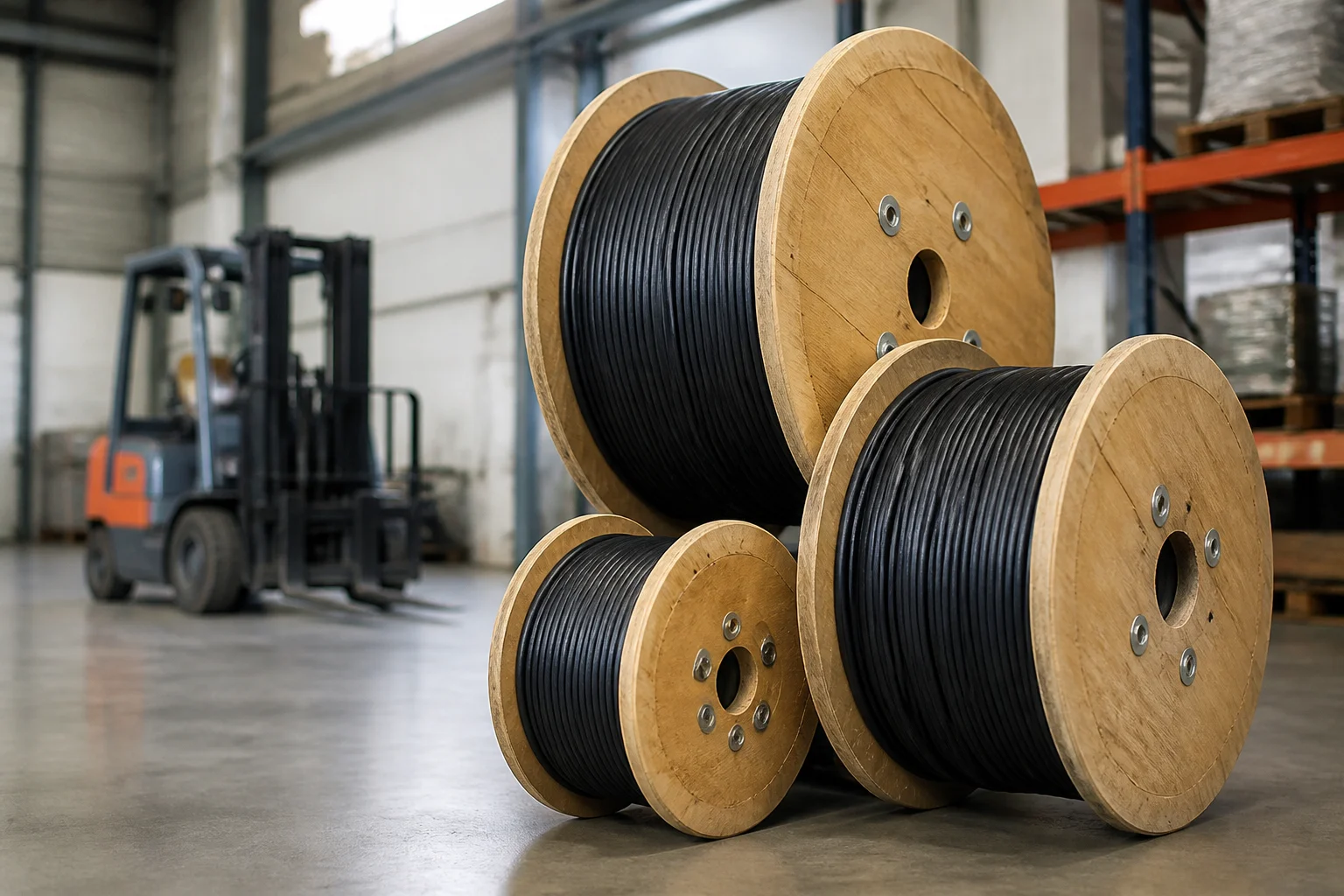 Three wooden cable drums of different sizes stacked in a warehouse