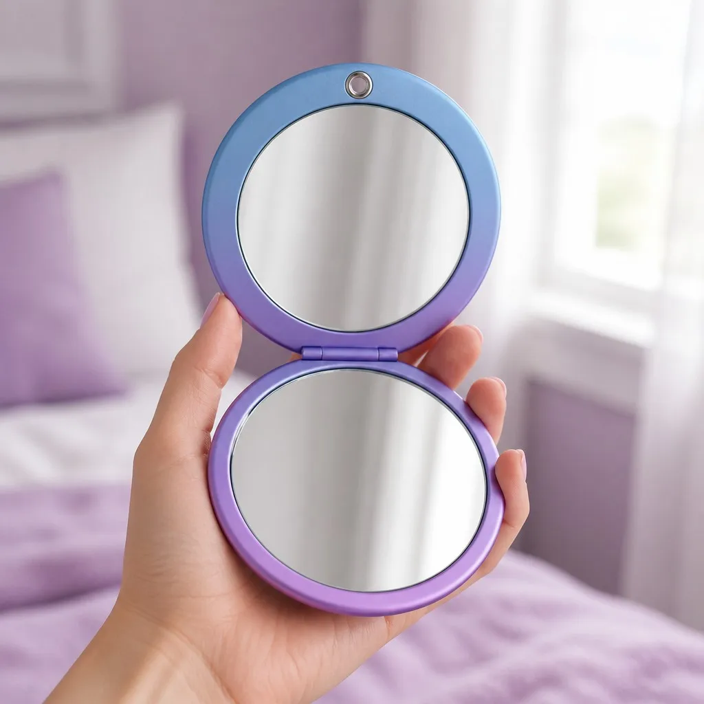 Holding the round anodized makeup mirror open in hand